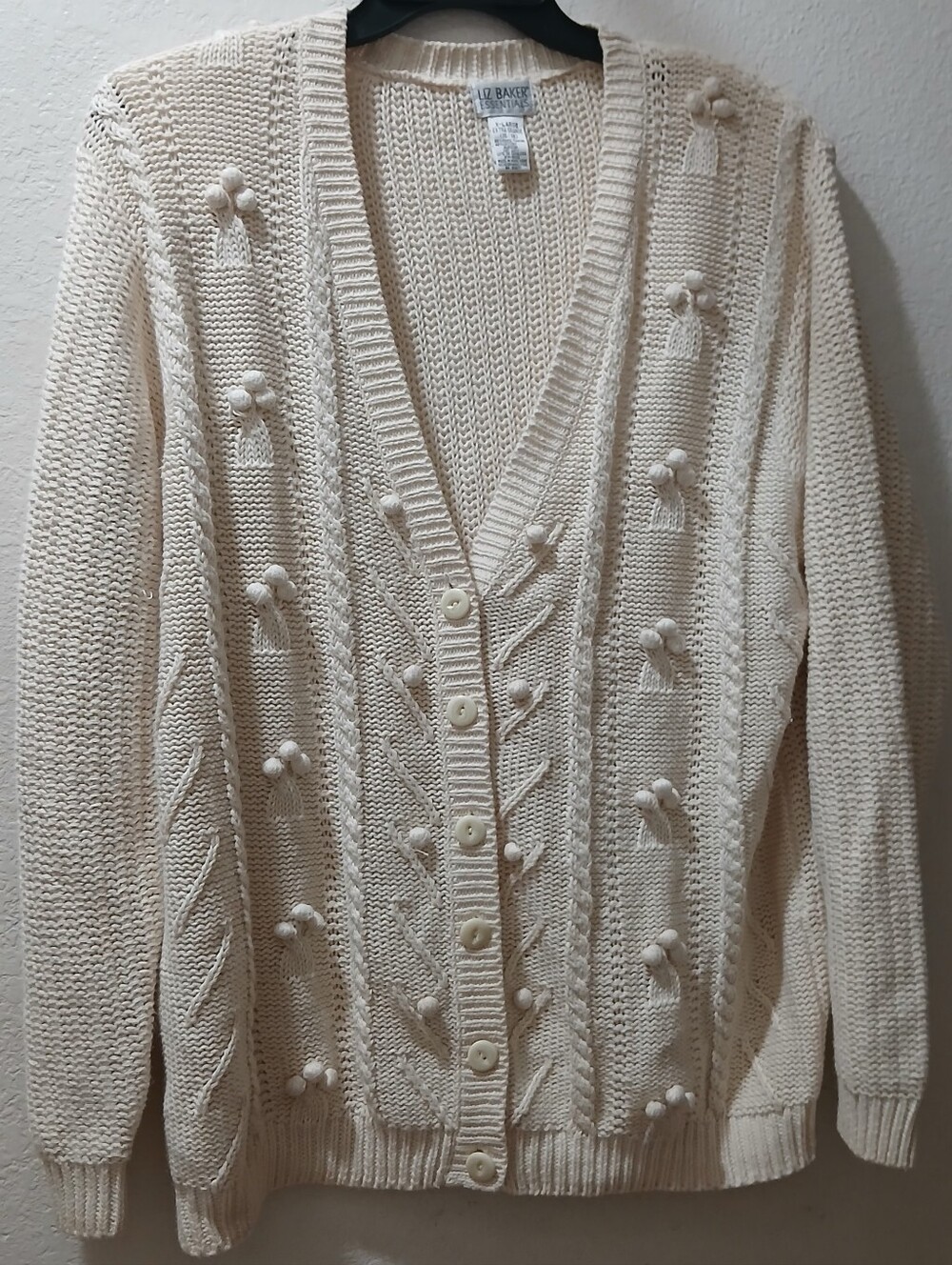 Liz Baker Xl Cream Knit Bobble Cable V-Neck Cardigan swaeter